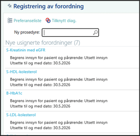 Registrering av forordning med en s keboks for ny prosedyre og en liste over nye usignerte forordninger knyttet til pasientinnsyn og utsettelse av innsynsrett. KI-generert beskrivelse