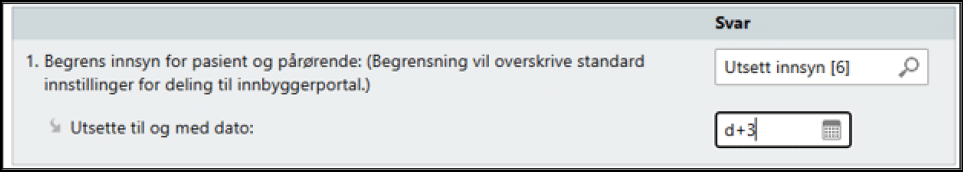 Skjermbilde av et brukergrensesnitt som viser innstilling for utsatt innsyn for pasient og p r rende med et felt for dato. KI-generert beskrivelse