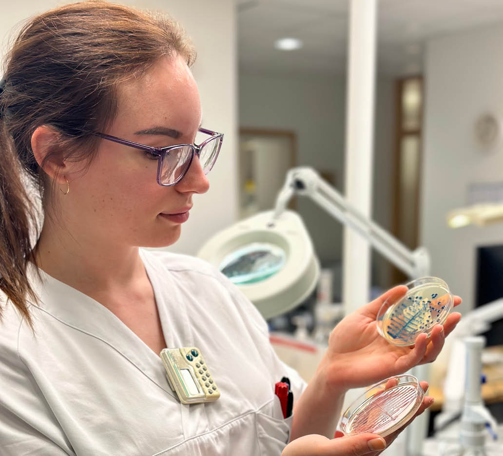 En person i hvit uniform og briller holder to petrisk ler med bakteriekulturer i et laboratoriemilj . KI-generert beskrivelse