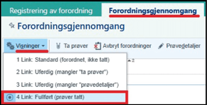 Skjermbilde av en norsk programvaremeny for registrering og gjennomgang av forordninger med en rullegardinmeny som viser ulike statusvalg for linker, hvor den fjerde linken er markert som fullf rt med pr ver tatt. KI-generert beskrivelse